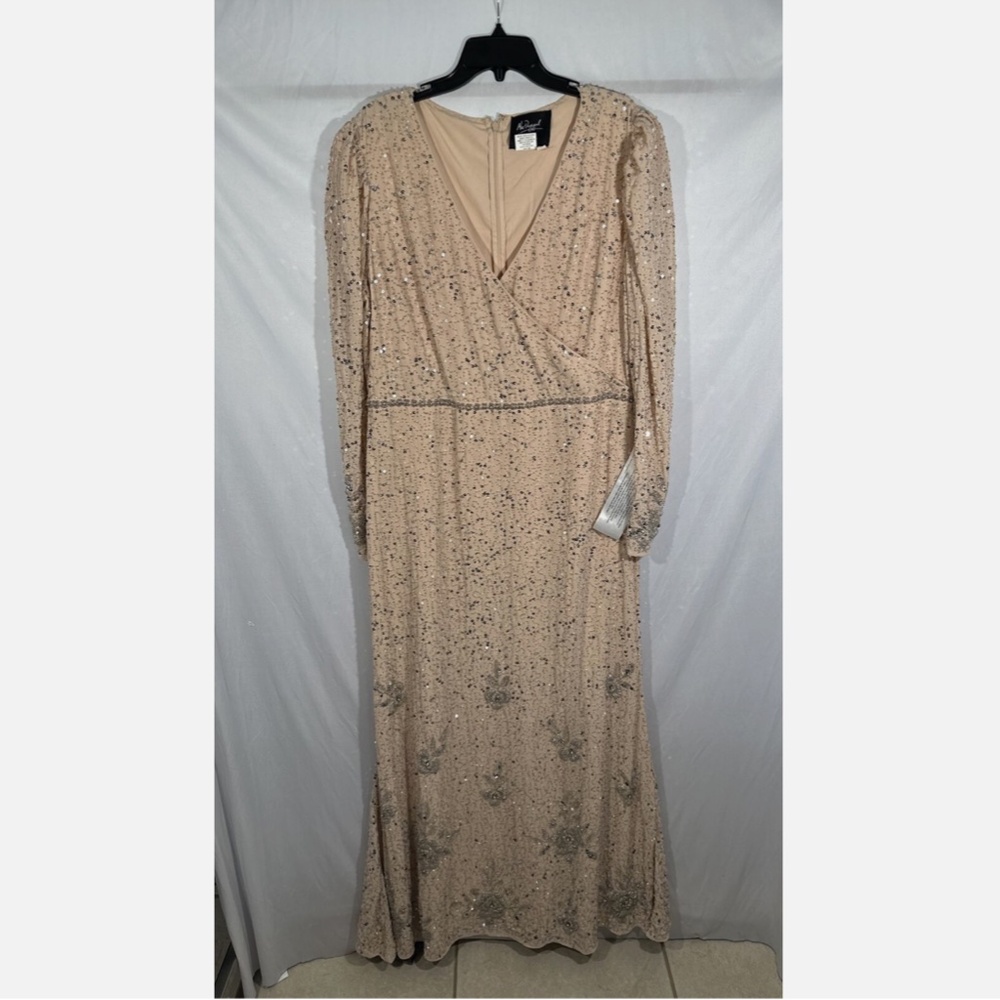 NEW $598 Mac Duggal [ 16 ] Sequin Floral Embellished Long Sleeve‎ Gown Nude - Picture 7 of 16